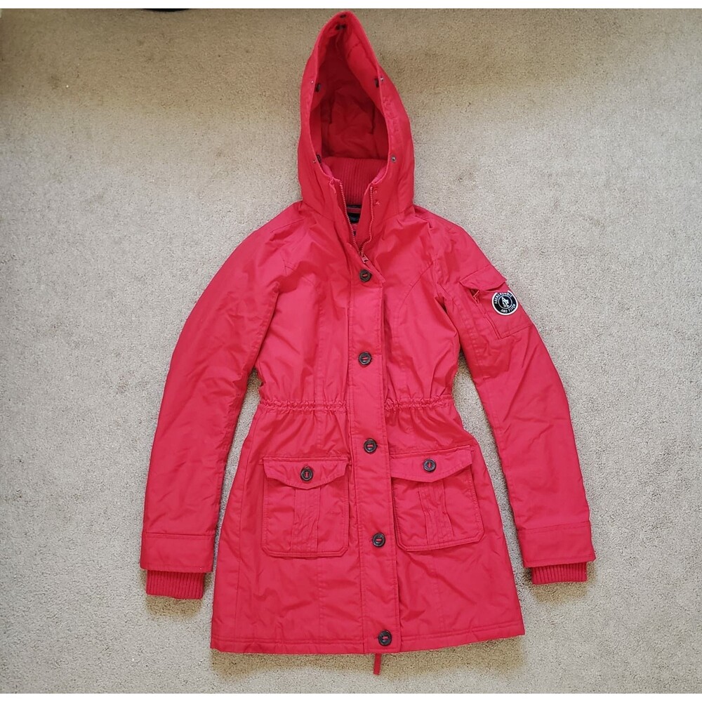 Abercrombie Women's Puffer Jacket Coat Full Zip Hoodie Inner Phone Pocket Red S